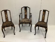 Three 20th century chinoiserie lacquer dining chairs, one with arms