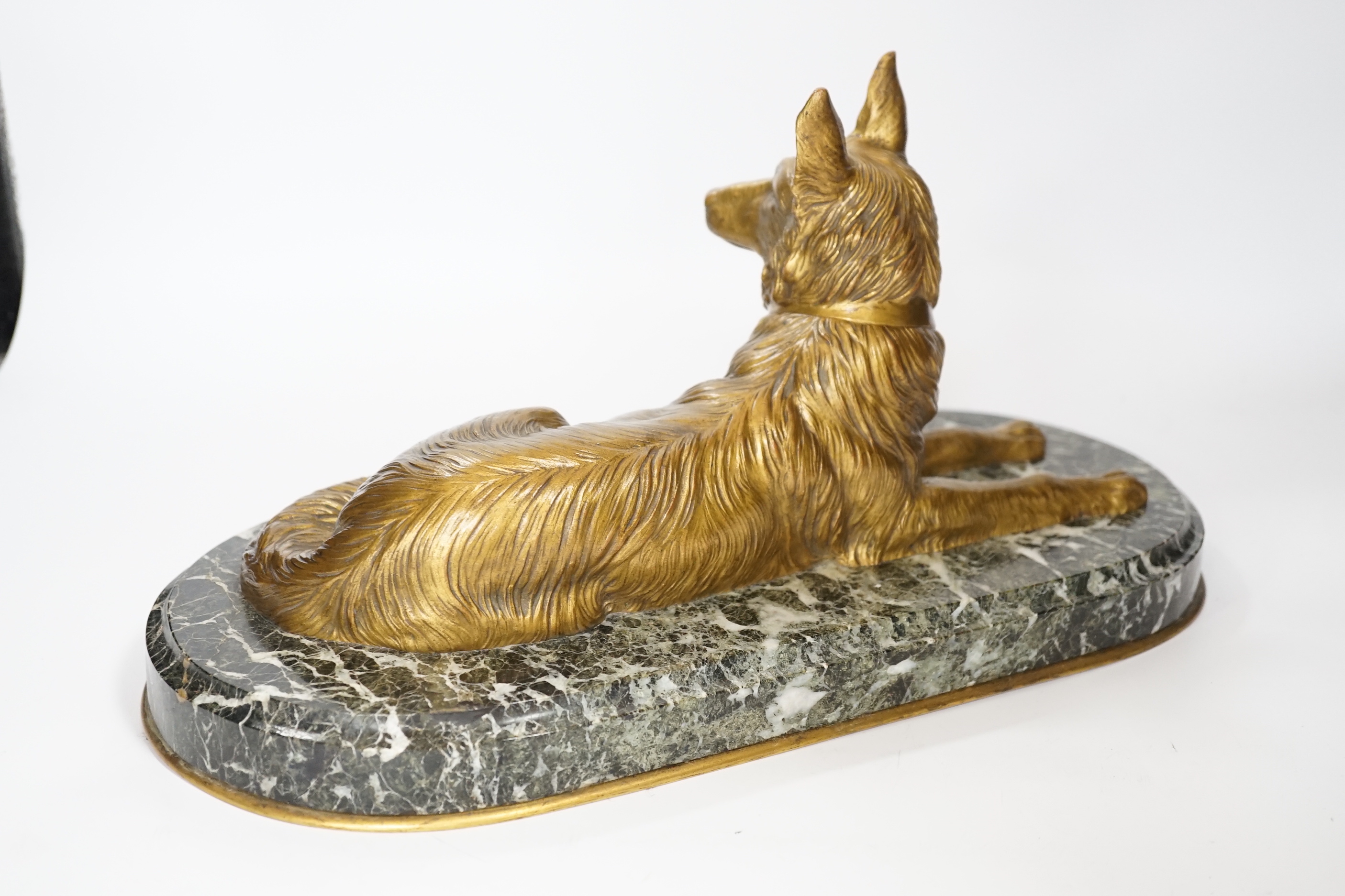 A recumbent dog gilt bronze on marble plinth, style of Chiparus, 40cm long - Image 6 of 6