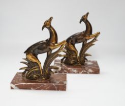 A pair of French Art Deco deer spelter and marble book-ends, 21cm high