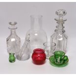 Two 19th century decanters and other various glassware including Mary Gregory style