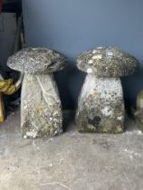 Two natural stone staddle stones, larger diameter 48cm, height 70cm