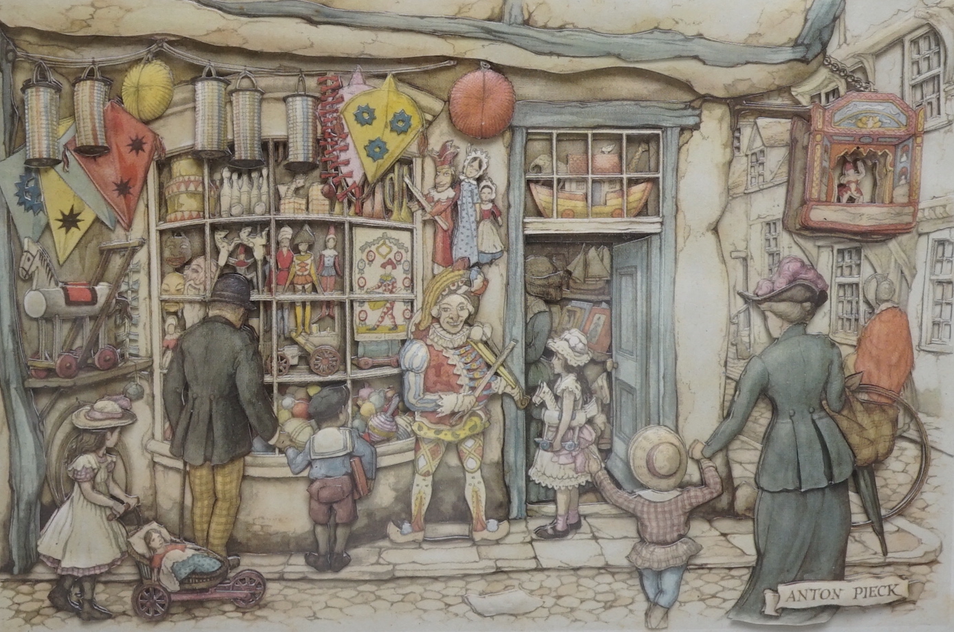 Anton Pieck (Dutch, 1895-1987), a framed three dimensional applied paper street scene, signed - Image 5 of 8