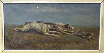 J. Smythe (19th. C) oil on canvas, Hare coursing, signed, 18 x 35cm