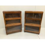 A pair of Globe Wernicke oak three section bookcases, width 85cm, depth 36cm, height 120cm