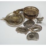 Mixed silver plate including cutlery, dishes, decanter labels and model pheasants