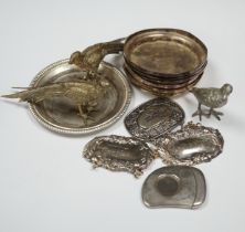 Mixed silver plate including cutlery, dishes, decanter labels and model pheasants