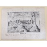 An 18th century engraving 'The Castle and Ruins of Monthellry', with various ink inscriptions, 24