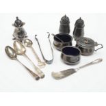 A small group of assorted silver condiments and sundry silver and silver plated flatware, some
