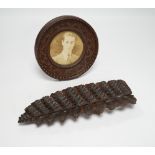 A Victorian carved wood photo frame and fern leaf dish, leaf dish 25c long