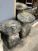 Two natural stone staddle stones, larger diameter 47cm, height 74cm