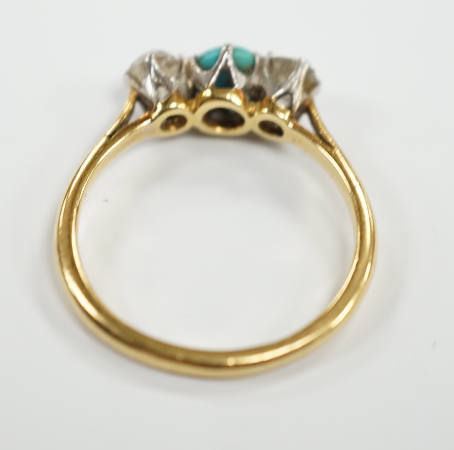 An 18ct, single stone turquoise and two stone diamond set ring, size O, gross weight 2.9 grams. - Image 4 of 4