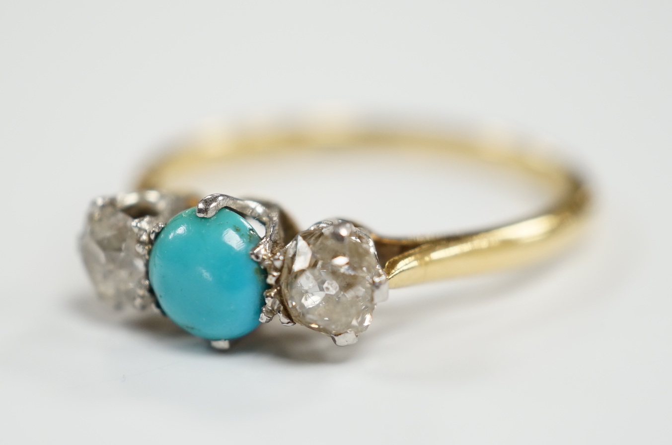 An 18ct, single stone turquoise and two stone diamond set ring, size O, gross weight 2.9 grams. - Image 2 of 4