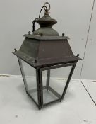 A 19th century French patinated copper lantern of tapered square form (rewired), width 37cm,