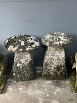 Two natural stone staddle stones, larger diameter 55cm, height 72cm