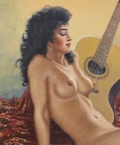 1960's oil on canvas, Study of a nude lady before a guitar, indistinctly signed, 64 x 53cm