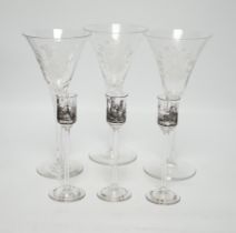 Set of three armorial crest etched flutes and three enamelled liqueur glasses, largest, 23cm high