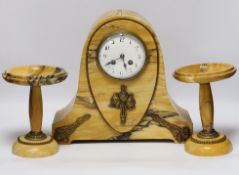 An early 20th century French Sienna marble clock garniture, 30cm