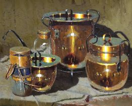 Hennie Griesel (South African, 1931-2015) impasto oil on canvas, Still life of copper ware, signed