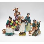 Six Doulton figurines,The Jester, Country Lass, The Master, The Orange Lady, The Old Ballon Seller