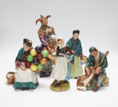 Six Doulton figurines,The Jester, Country Lass, The Master, The Orange Lady, The Old Ballon Seller