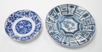 A Chinese 'Kraak porselein' blue and white plate and a Wanli blue and white saucer dish, largest