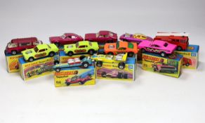Eleven boxed Matchbox Superfast 1-75 series diecast vehicles, Including: 8; Wild Cat Dragster, 22;