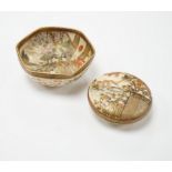 A Japanese Satsuma compressed box and hexagonal bowl decorated with figures, largest 9.5cm wide