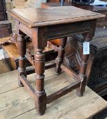 An early 18th century and later rectangular oak joynt stool, width 44cm, depth 28cm, height 54cm (