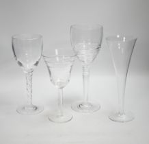 A group of mixed Jasper Conran, Stuart and Tiffany wine and champagne glasses, tallest 25cm high (