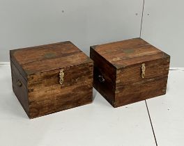 A pair of brass mounted Indian hardwood boxes, width 43cm, depth 38cm, height 31cm