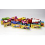Eleven boxed Matchbox Superfast 1-75 series diecast vehicles, Including: 19; Road Dragster, 24; Team