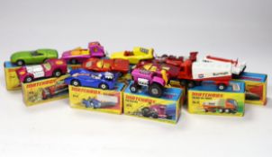 Eleven boxed Matchbox Superfast 1-75 series diecast vehicles, Including: 19; Road Dragster, 24; Team