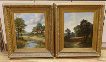 Victorian School, two oils on canvas, Woodland landscape and Village scene, one indistinctly signed,