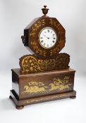 A 19th century rosewood and cut brass mantel clock, inlaid heraldic horse racing panel, 53cm high