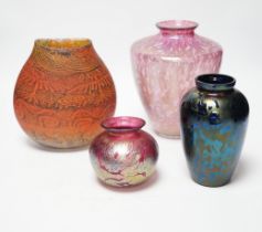 A Siddy Langley glass vase and three Royal Brierley vases, tallest 20cm high
