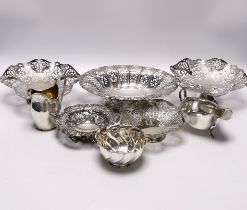 Eight assorted items of Victorian and later silver, including five pierced bowls, largest 22.5cm and