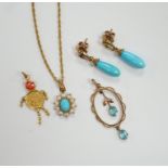 A modern 9ct gold, turquoise and seed pearl cluster set pendant necklace, a pair of 9ct gold and