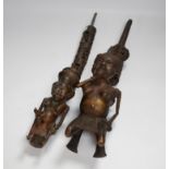 Two Bamoun figural bronze pipes, Cameroon, largest 56cm