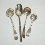 An 18th century silver spoon with marrow scoop handle, indistinct base marks, two silver sifter