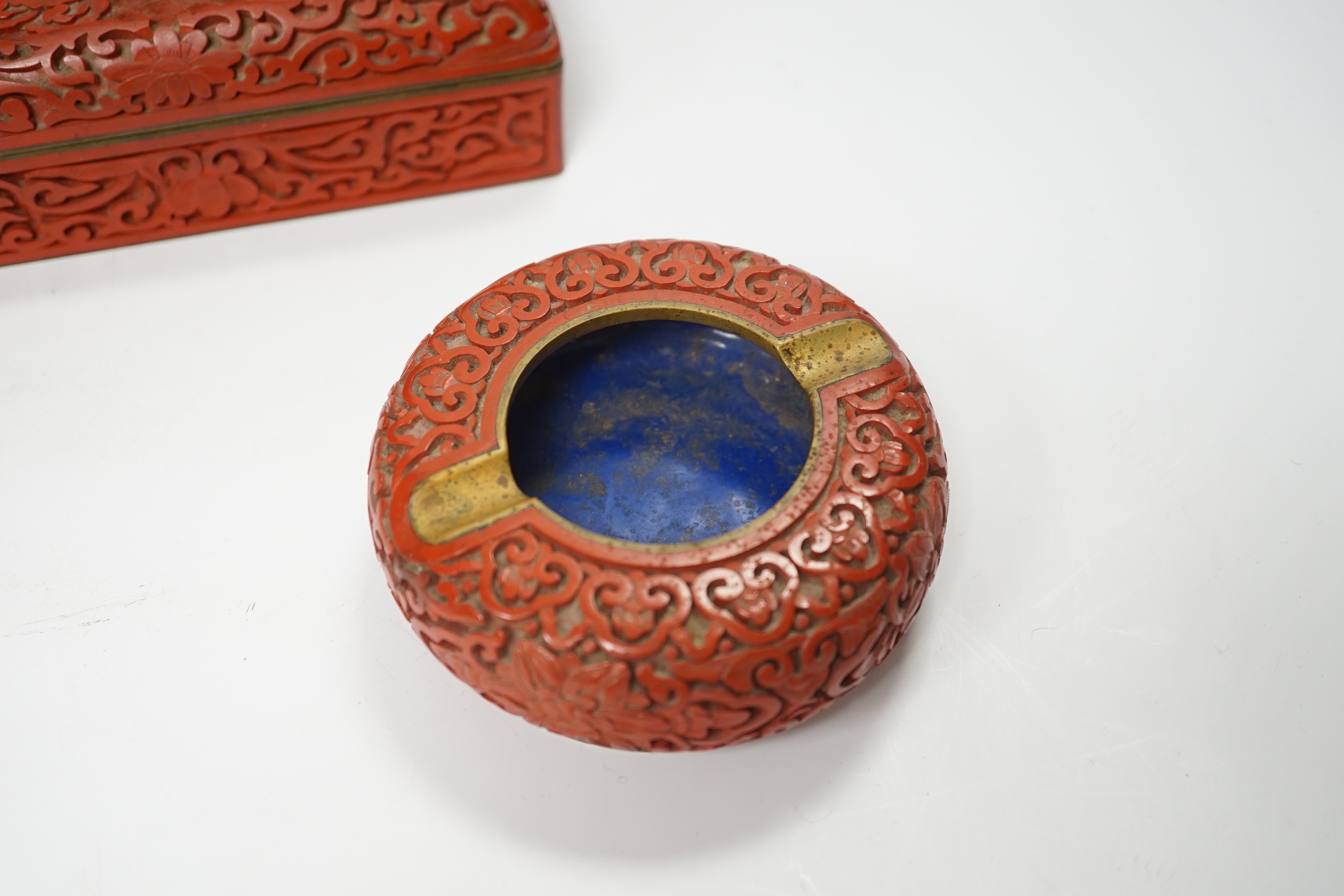 Three Chinese cinnabar lacquer items, a vase, an ashtray and a lidded box, vase 16.5cm - Image 2 of 10