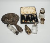 A Hanau silver novelty figural pepperette and other small silver including a silver mounted hand