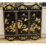 Three Chinese black lacquered, mother of pearl inset and gilt decorated panels, 94cm high
