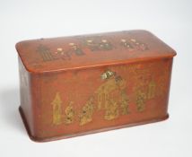 A 19th century French red japanned chinoiserie tea caddy, 11cm high