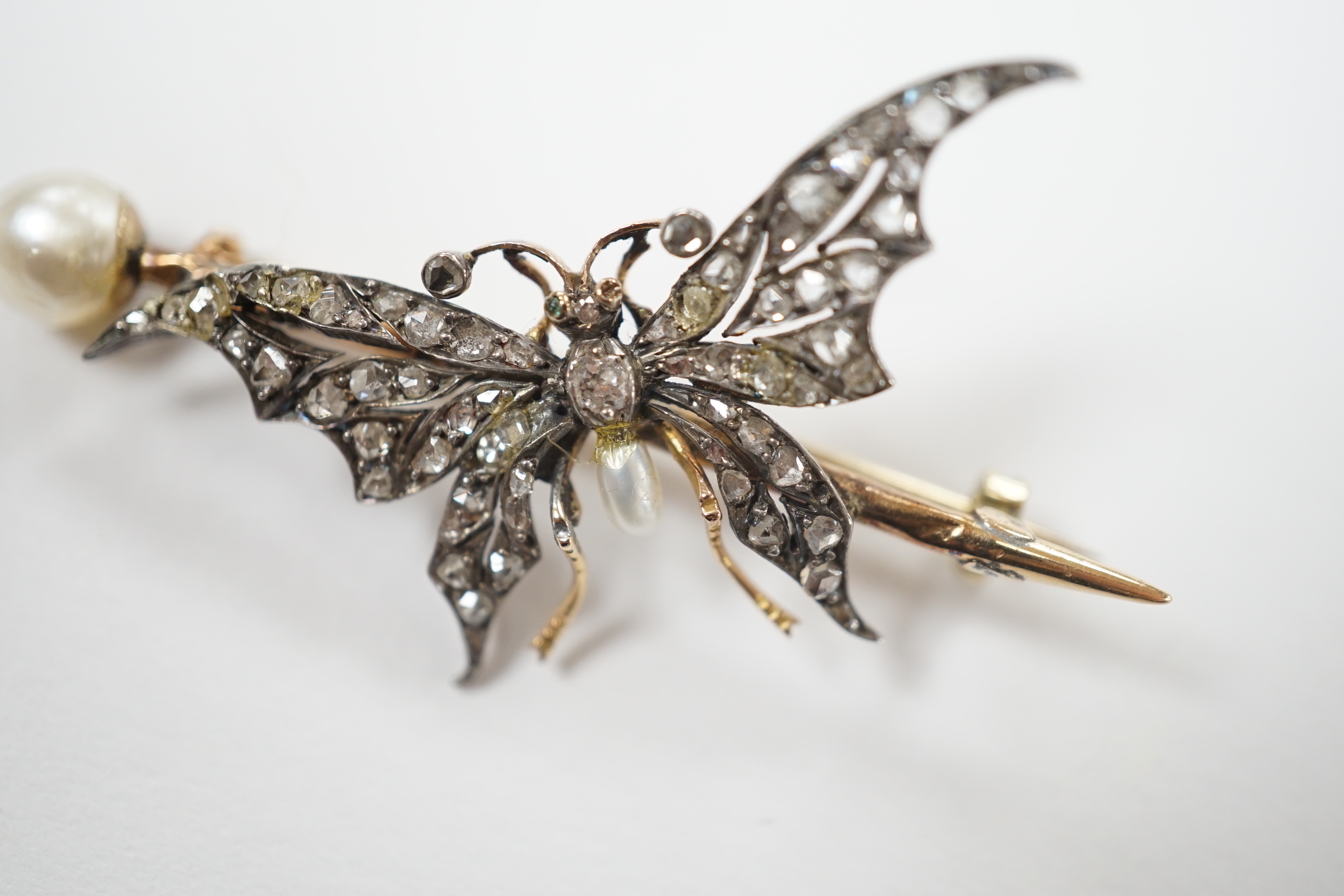 A late Victorian yellow metal baroque pearl drop and rose cut diamond cluster set bug brooch, - Image 4 of 7
