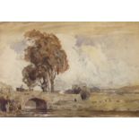 Victorian School, watercolour, river landscape with bridge, initialled TLS, 28 x 38cm