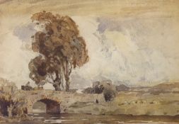 Victorian School, watercolour, river landscape with bridge, initialled TLS, 28 x 38cm