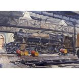 Ralph Hartley (1926-1988) watercolour, British Railways Class 8F 2-8-0 locomotive, details verso, 65