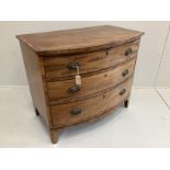 A small Regency banded mahogany bowfront three drawer chest, width 95cm, depth 57cm, height 80cm