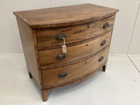 A small Regency banded mahogany bowfront three drawer chest, width 95cm, depth 57cm, height 80cm