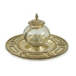 A Victorian silver gilt circular inkstand, by Robert Hennell III, with single mounted glass well and